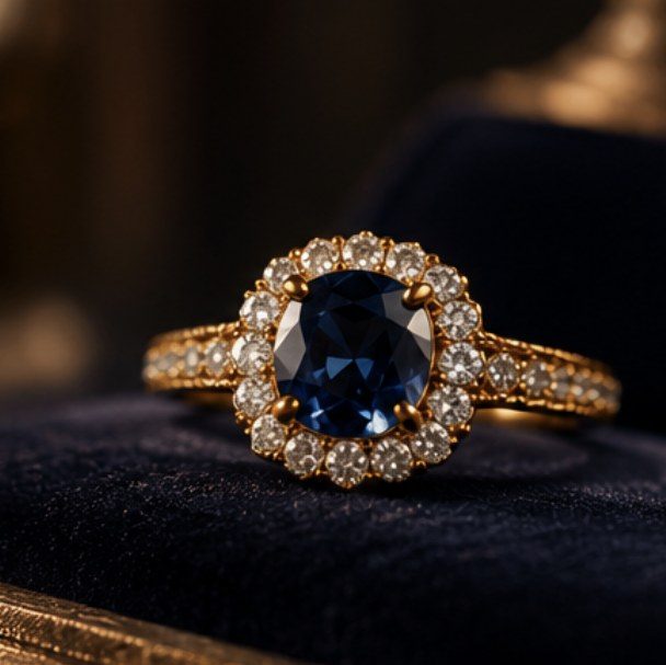 Gold ring with a center stone resting on dark velvet
